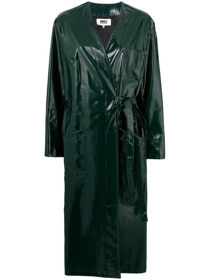 Mm6 Maison Margiela Belted Waist Vernished Coat - Green