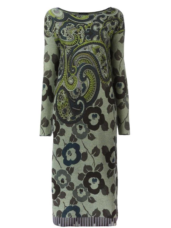 Etro Floral Paisley Knit Dress, Women's, Size: 42, Green, Calf Leather/polyester/wool