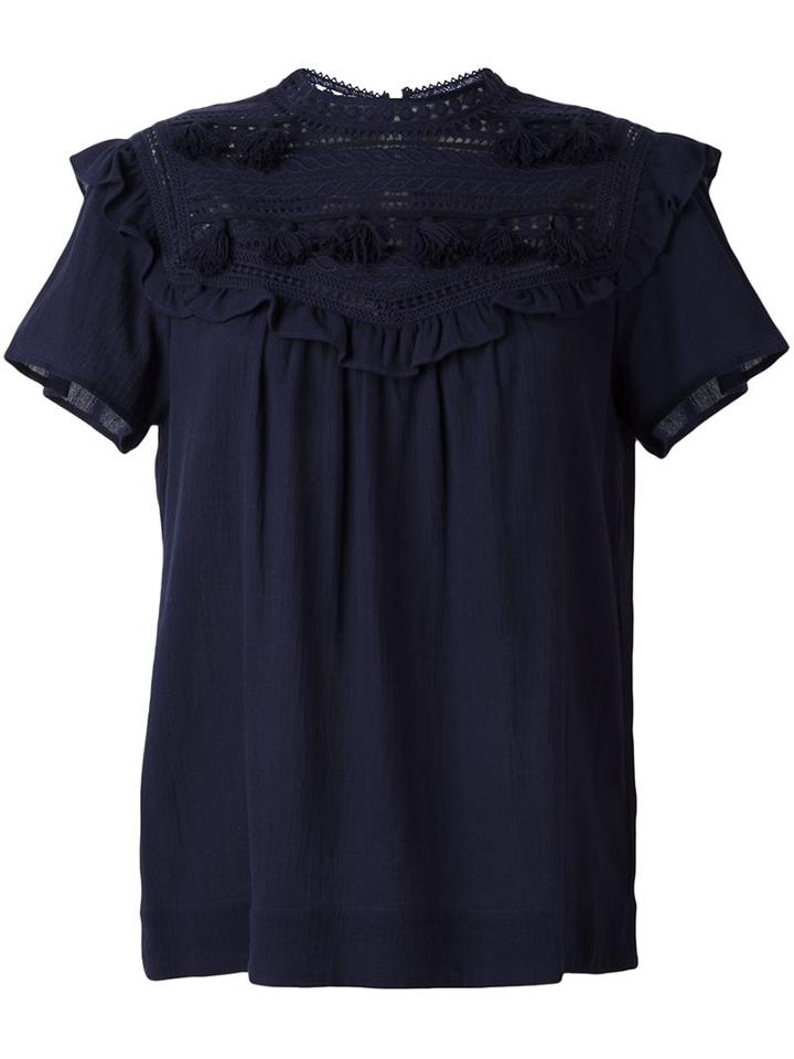 Sea Embroidered Tassel Blouse, Women's, Size: 4, Blue, Cotton