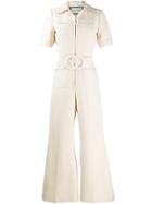 Gucci Gg Logo Belted Jumpsuit - Neutrals
