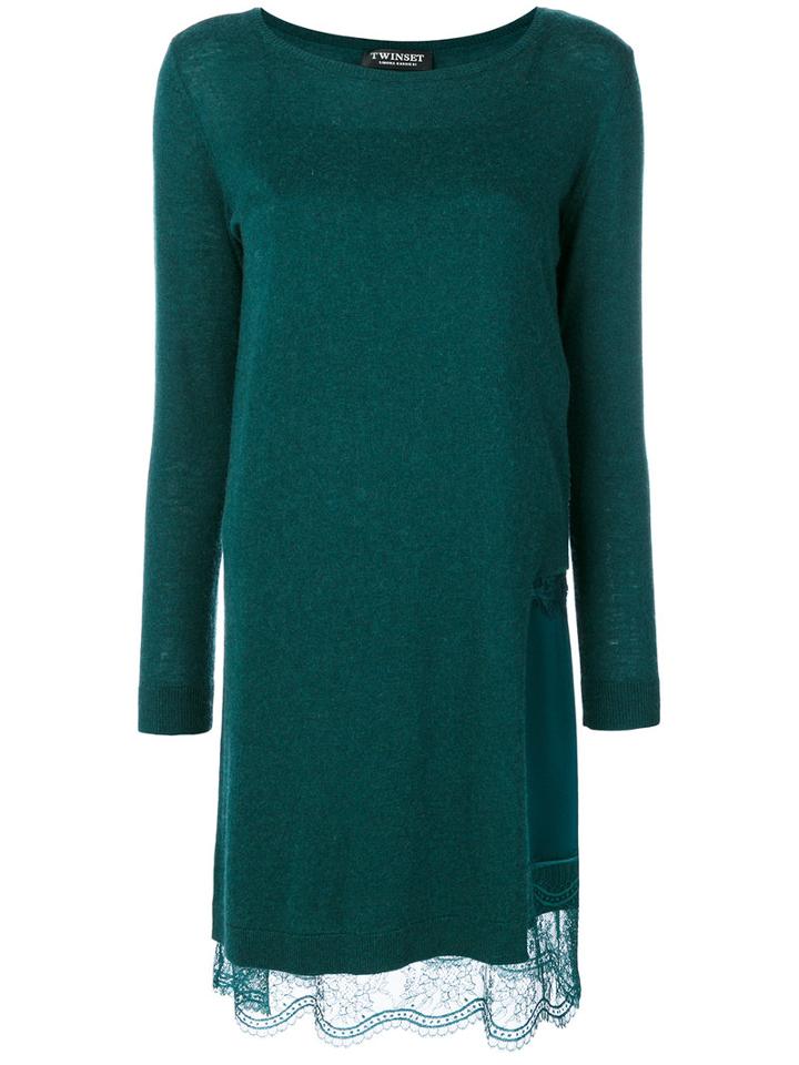 Twin-set - Lace-trimmed Jersey Dress - Women - Viscose/wool - M, Green, Viscose/wool