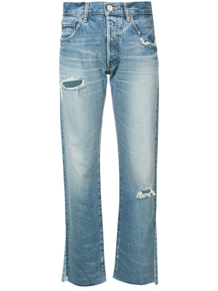 Moussy Distressed Slit Cuff Jeans - Blue