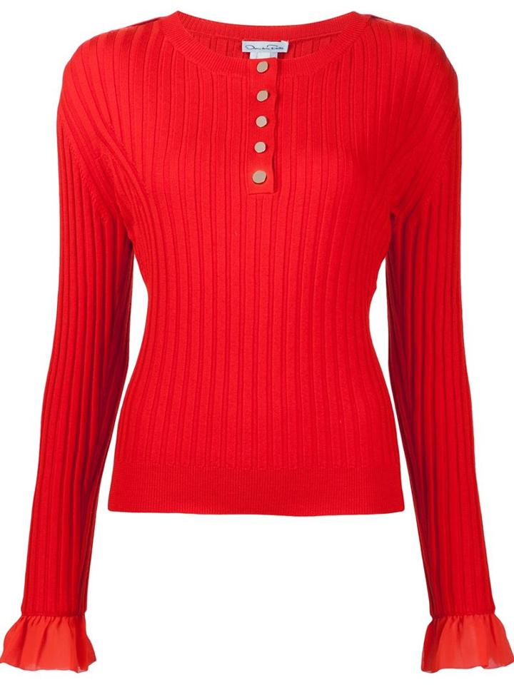 Oscar De La Renta Sleeve Detail Ribbed Jumper, Women's, Size: Medium, Red, Virgin Wool