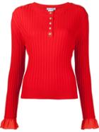 Oscar De La Renta Sleeve Detail Ribbed Jumper, Women's, Size: Medium, Red, Virgin Wool
