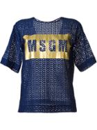 Msgm Logo Print Top, Women's, Size: 40, Blue, Cotton/polyamide