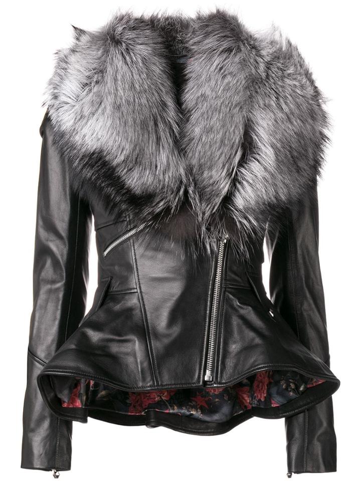 Philipp Plein Fur Trim Leather Jacket - Black