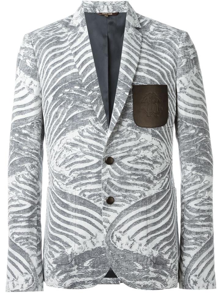 Roberto Cavalli Zebra Print Blazer, Men's, Size: 54, Grey, Cotton/linen/flax/viscose/lamb Skin