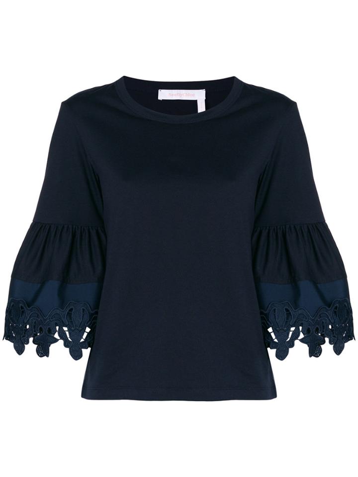 See By Chloé Lace Trim Bell Sleeve T-shirt - Blue