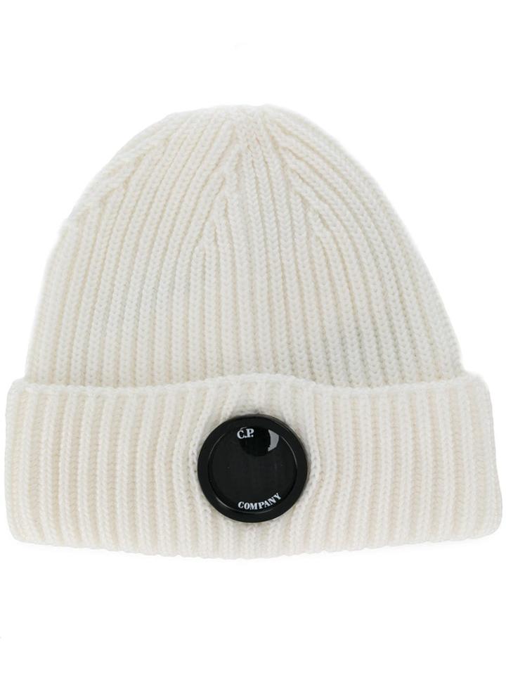 Cp Company Logo Button Beanie Hat - White