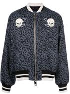 Lost Daze Skeleton Leopard Print Bomber Jacket - Blue