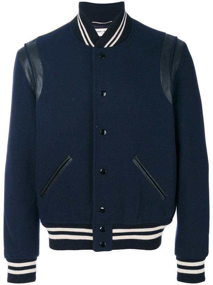 Saint Laurent - Classic Bomber Jacket - Men - Silk/cotton/lamb Skin/wool - 50, Blue, Silk/cotton/lamb Skin/wool