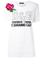Dolce & Gabbana Flower Applique Logo T-shirt, Women's, Size: 36, White, Cotton/silk/polyester/viscose