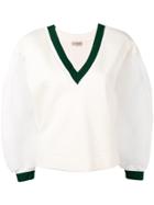 Twin-set Tulle Sleeves Contrast Trim Jumper - White