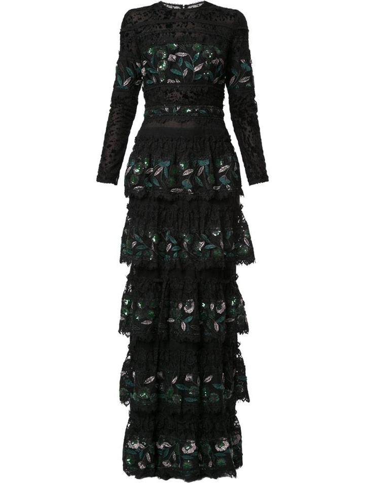 Costarellos Sequin Embroidery Tiered Gown - Black