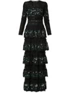 Costarellos Sequin Embroidery Tiered Gown - Black