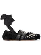 Miu Miu Black Shearling Double Buckle Ballerina Flats