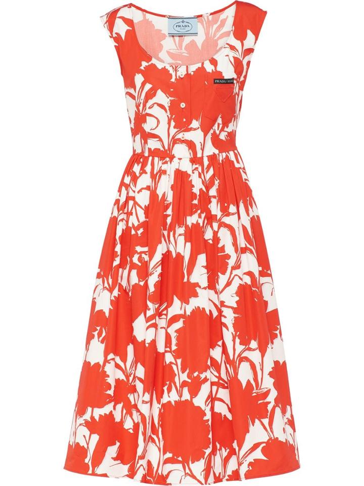 Prada Carnation Print Poplin Dress - Red