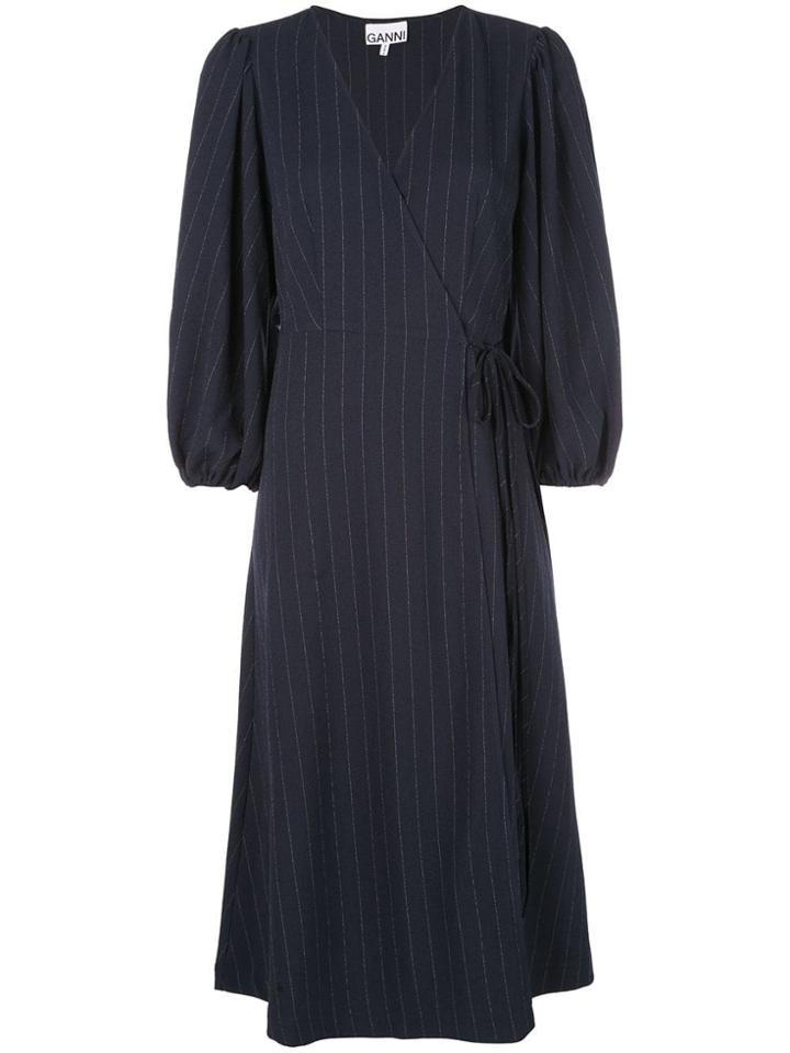 Ganni Total Eclipse Pinstripe Wrap Dress - Black