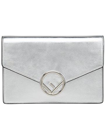 Fendi Silver Logo Leather Wallet Bag - Metallic
