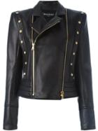 Balmain Buttoned Detail Biker Jacket, Women's, Size: 38, Black, Cotton/lamb Skin/viscose