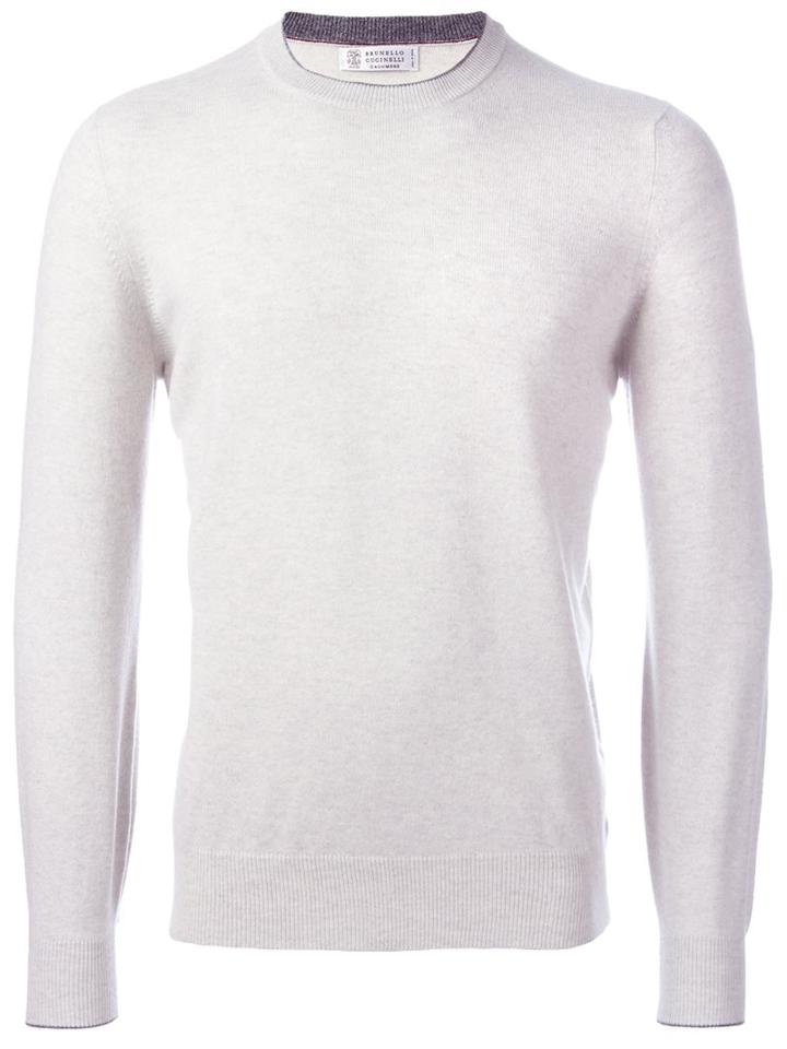 Brunello Cucinelli Crew-neck Jumper, Men's, Size: 52, White, Silk/cashmere/virgin Wool