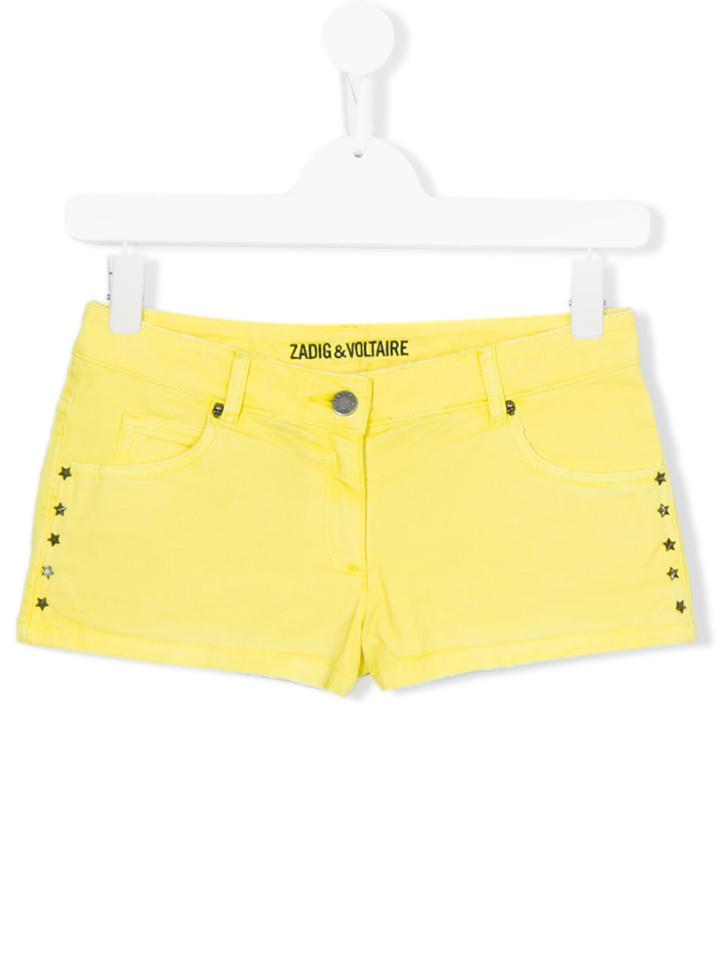 Zadig & Voltaire Kids Teen Star Studded Denim Shorts - Yellow & Orange