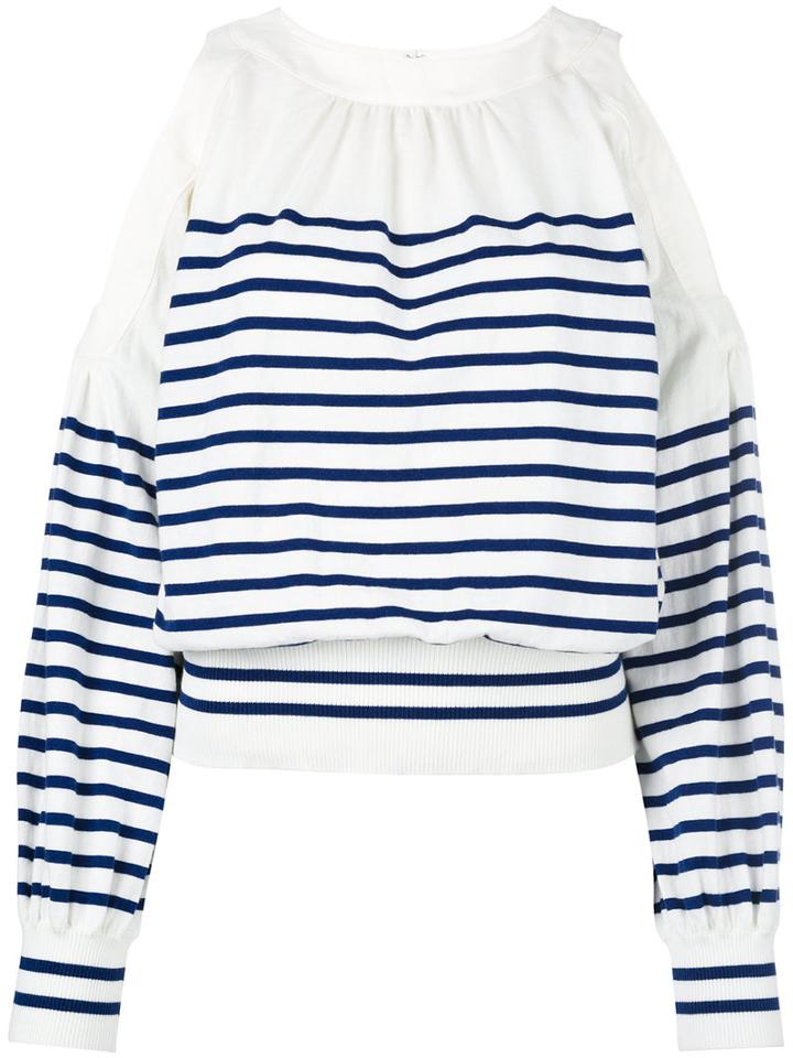 Sacai Striped Cold Shoulder Jumper, Women's, Size: 2, White, Cotton/cashmere/polyester