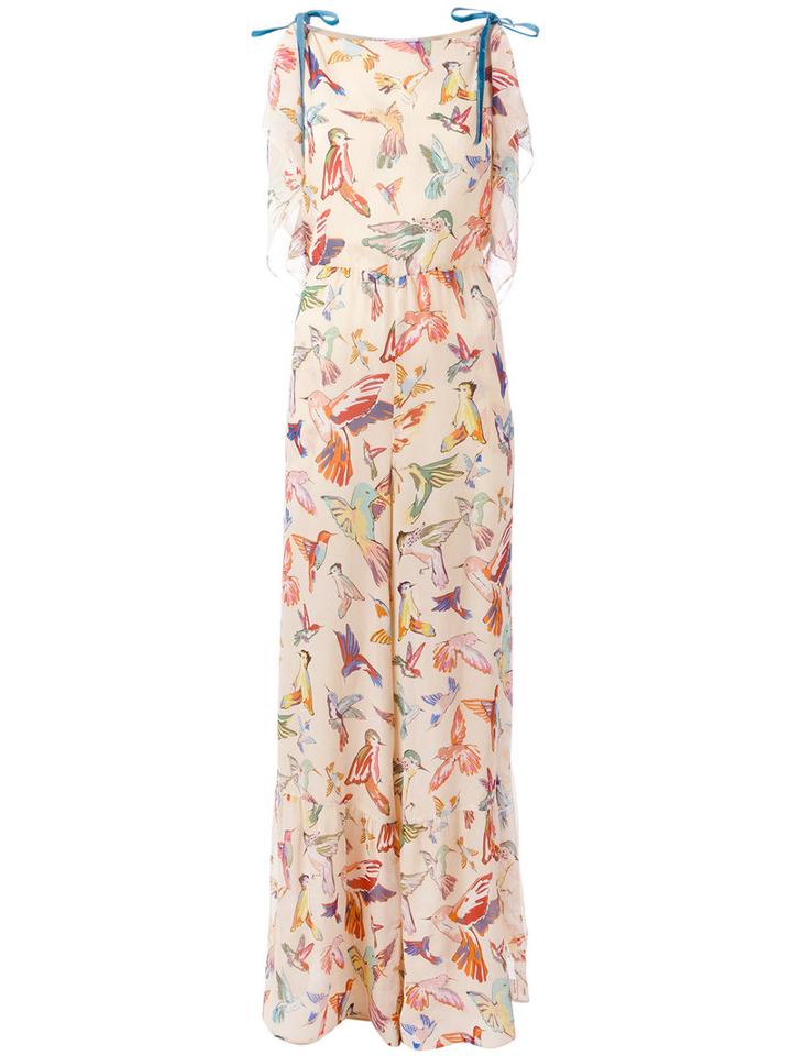 Red Valentino Bird Print Jumpsuit, Women's, Size: 38, Nude/neutrals, Silk/polyester