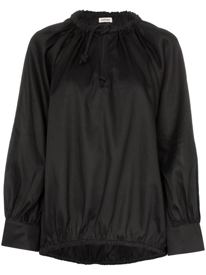 Toteme Tie Neck Ruched Satin Top - Black