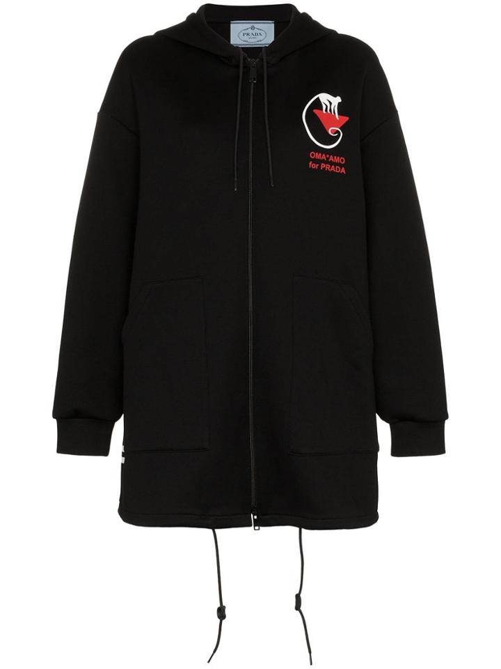 Prada Zip Up Oversized Hooded Jumper - Black