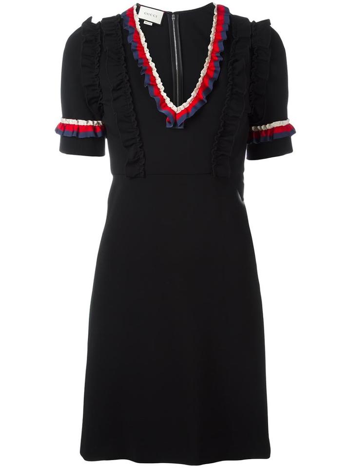Gucci Web Trim Ruffled Dress, Women's, Size: Large, Black, Viscose/polyamide/spandex/elastane