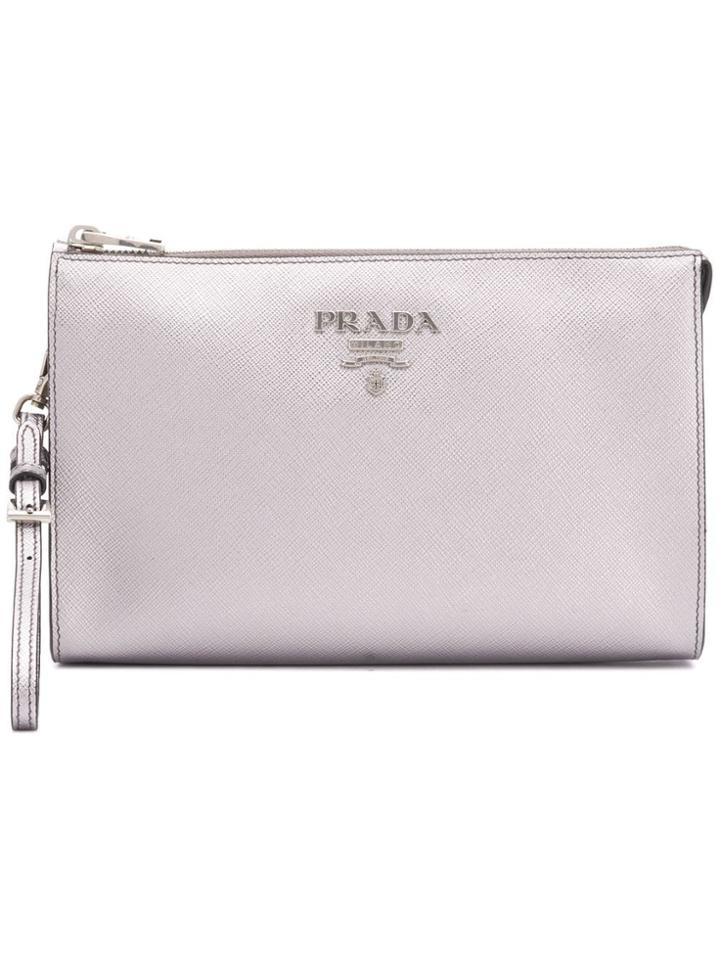 Prada Logo Clutch Bag - Silver