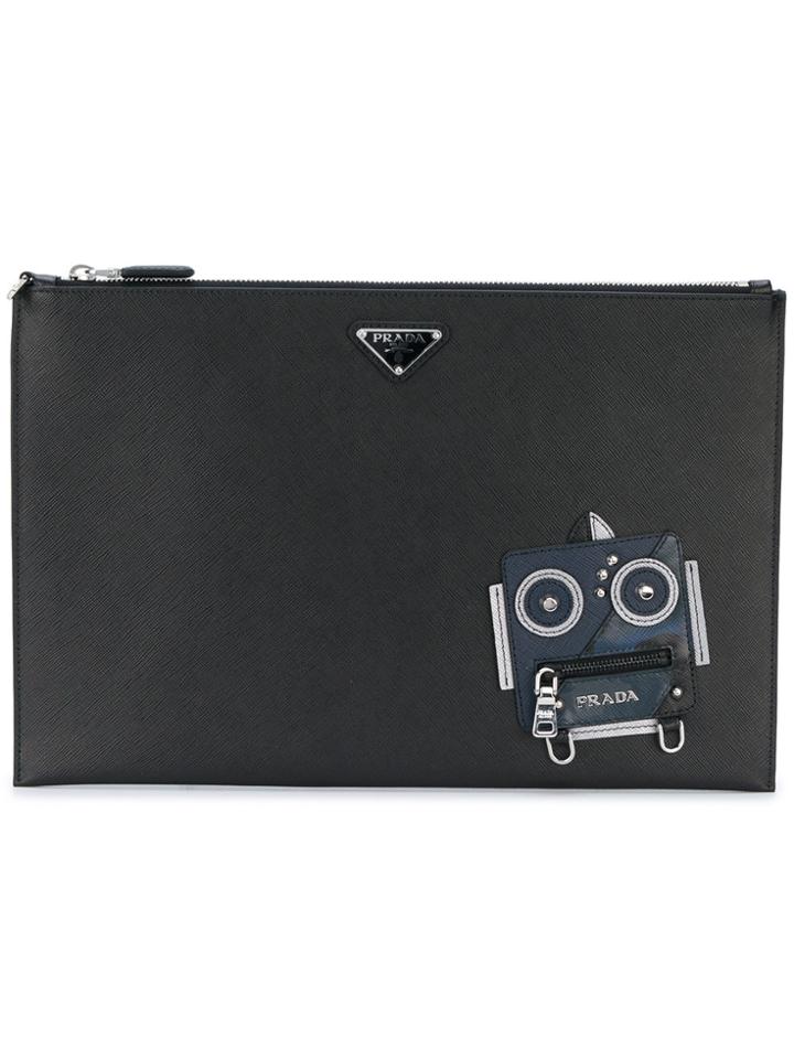 Prada Robot Motif Clutch Bag - Black