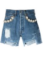 Forte Couture Embellished Destroyed Denim Shorts, Women's, Size: 27, Blue, Cotton/pearls/metal