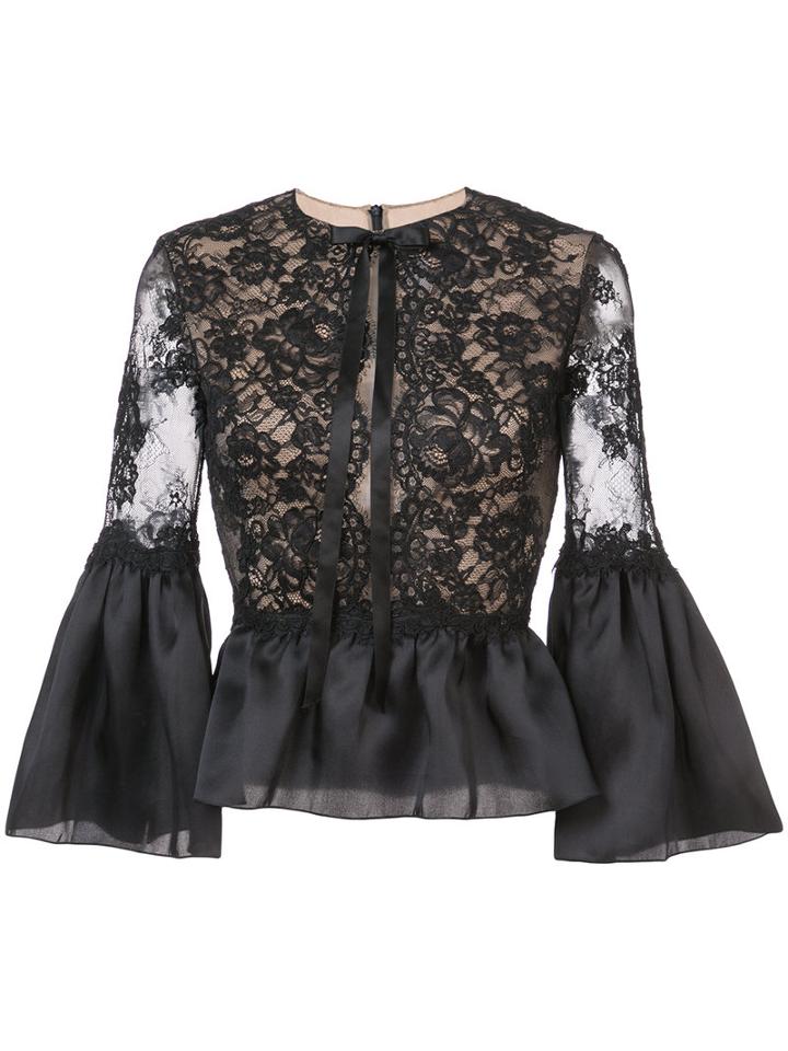 Marchesa - Frilled Peplum Lace Blouse - Women - Silk/nylon - 6, Black, Silk/nylon