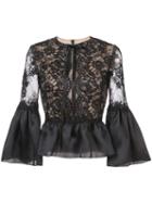 Marchesa - Frilled Peplum Lace Blouse - Women - Silk/nylon - 6, Black, Silk/nylon