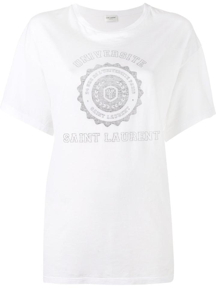 Saint Laurent College Print T-shirt, Women's, Size: Large, White, Cotton