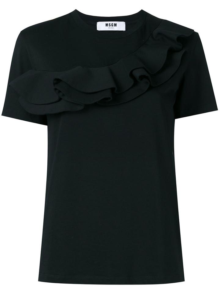 Msgm Ruffled Detail T-shirt, Women's, Size: Small, Black, Cotton