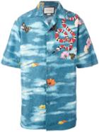 Gucci Camp Collar Garden Print Shirt, Men's, Size: 50, Blue, Silk/polyester