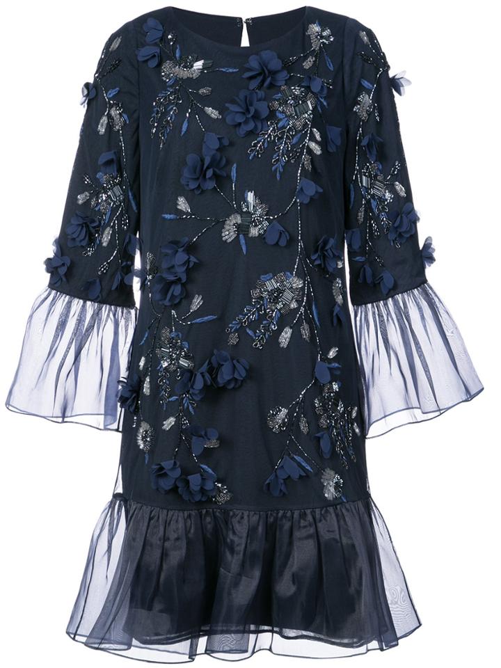 Marchesa Notte Floral Appliqué Tulle Trim Dress - Blue