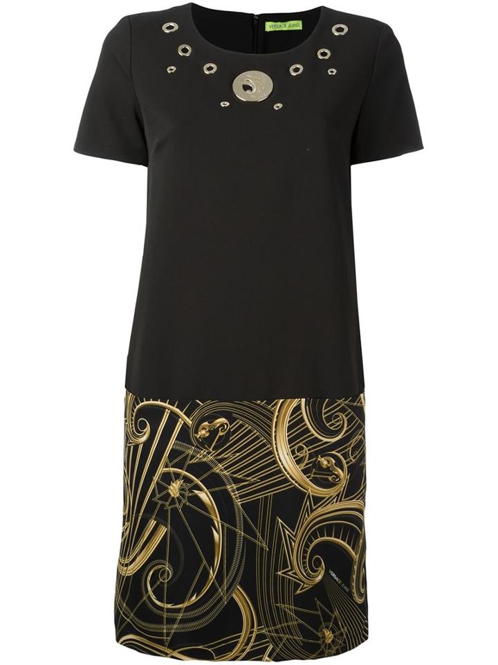 Versace Jeans Eyelet Detail Printed Dress, Women's, Size: 44, Black, Polyester/spandex/elastane/acetate