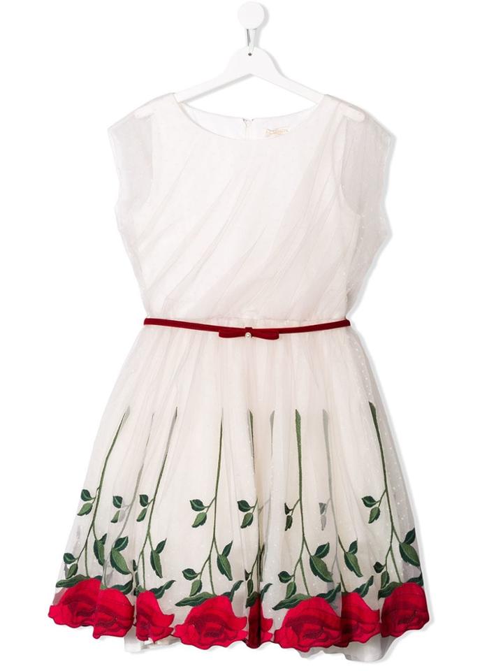 Monnalisa Floral Embroidered Dress - Neutrals