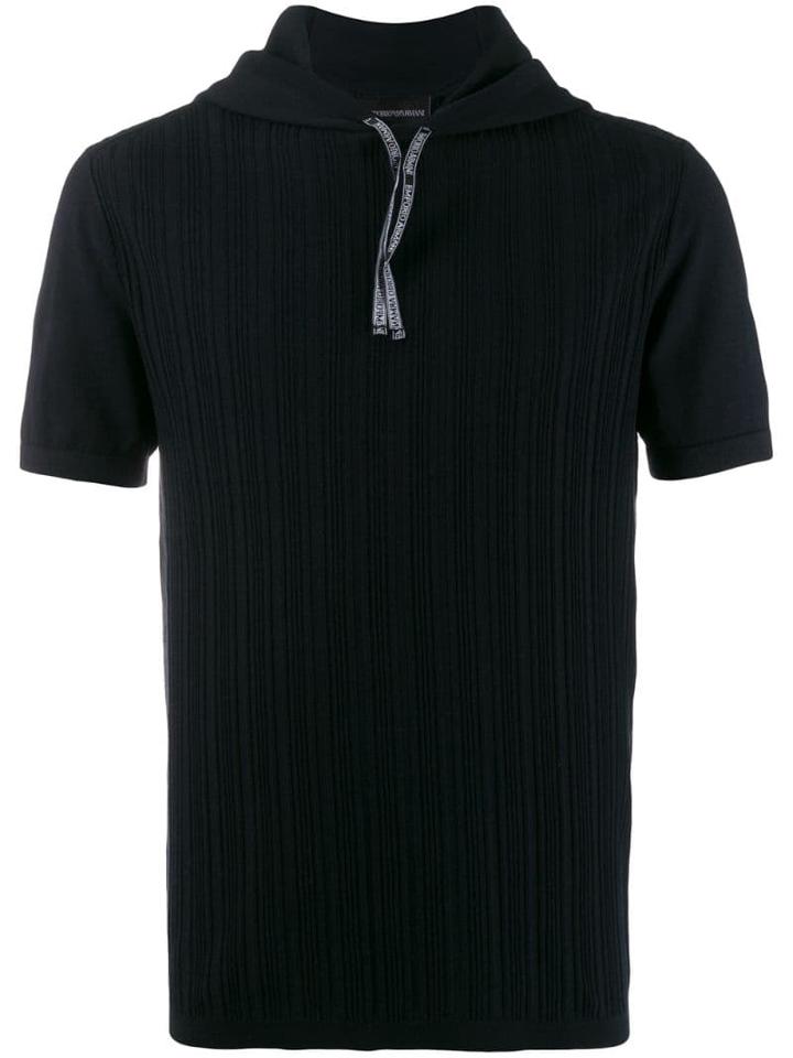 Emporio Armani Ribbed Drawstring Hoodie - Blue