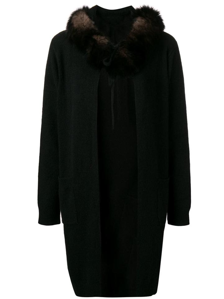 Max & Moi Fox Fur Hooded Cardigan - Black