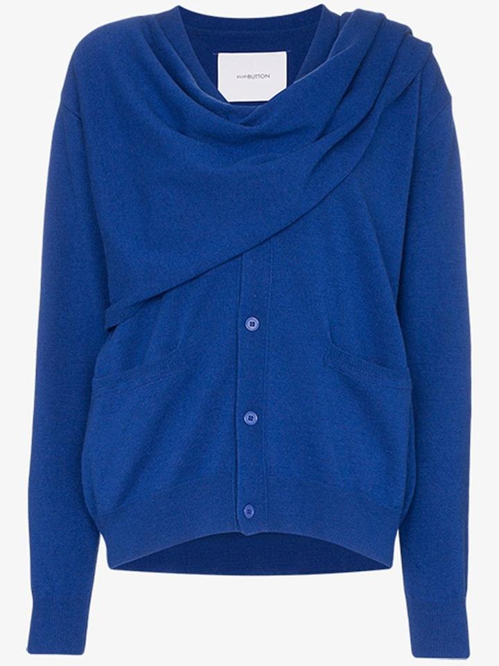 Pushbutton Draped Scarf Cardigan - Blue