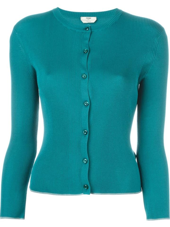 Fendi Ribbed Cardigan, Women's, Size: 44, Blue, Silk