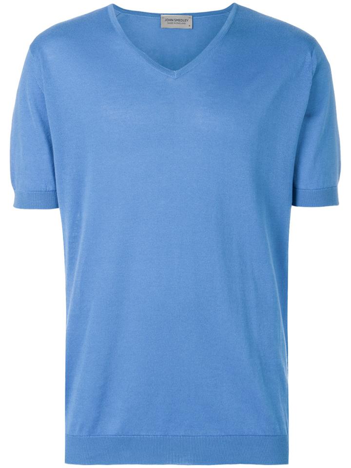 John Smedley Short Sleeve V-neck Sweater - Blue