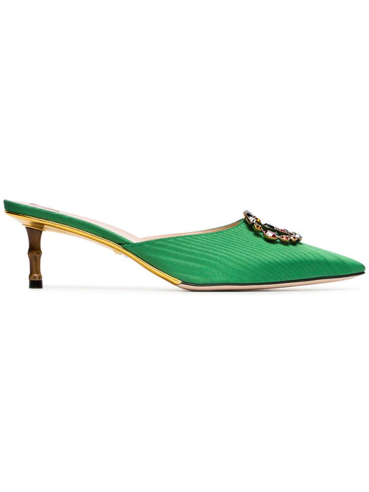 Gucci Green Unia Gg 45 Crystal Satin Mules