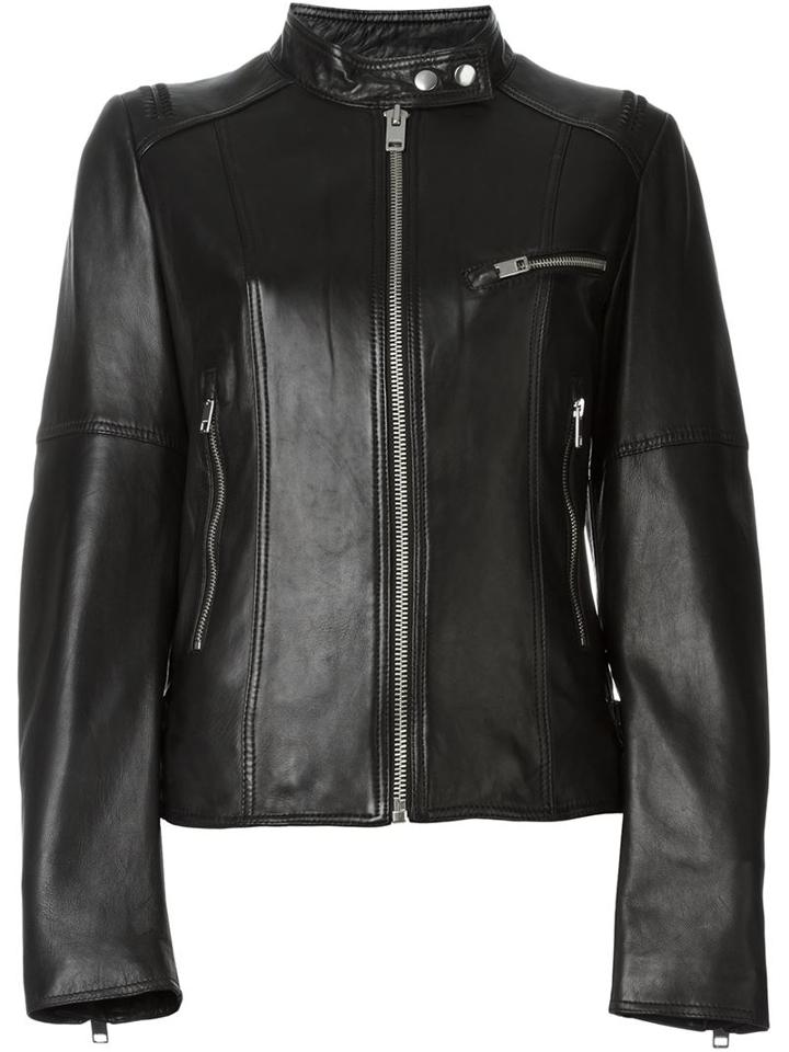 Diesel Zip Leather Jacket, Women's, Size: L, Black, Sheep Skin/shearling/polyester