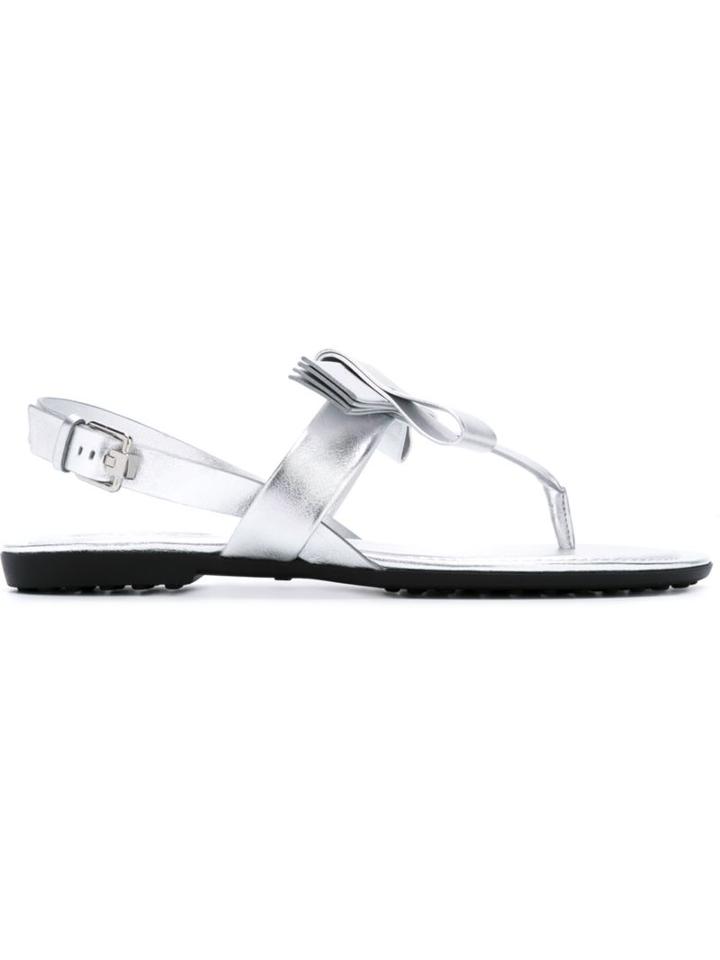 Tod S Bow Detail Metallic (grey) Sandals, Women's, Size: 41, Rubber/leather